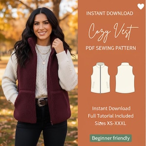 Patrón de costura en PDF para el chaleco Cozy Noelle / Chaleco clásico para mujer / Tallas XS-XXXL