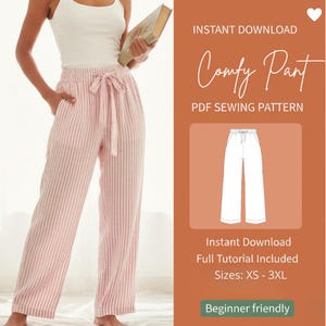 May include: Pink and white striped pants with a drawstring waist. The image also features a white tank top and a book. Text on the image reads "Comfy Pant PDF Sewing Pattern" and "Instant Download". Sizes XS-3XL are available.