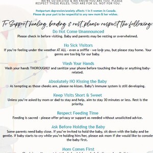 May include: A white poster with the words "Oh Baby!" in a cursive font. The poster provides guidelines for visitors to respect new parents and their baby, including rules about health, visits, and feeding.