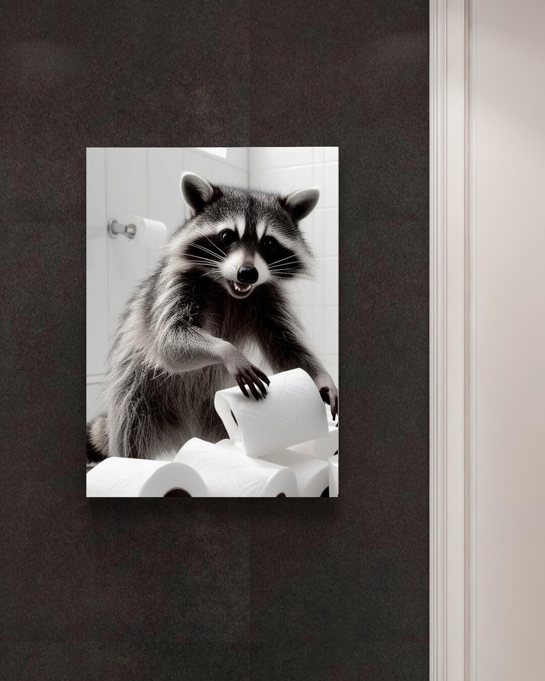 Funny Raccoon Bathroom Wall Art - Black and White Toilet Paper Thief ...