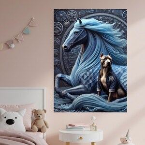 Ltd Edition Horse art including a Pit Bull dog, Magical Horse, Fantasy Decor, Mythical Creature, Unique Gift, Unicorn Lover Gift, Fantasy