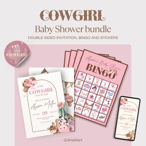 Babyparty-Paket, „Ein kleines Cowgirl ist unterwegs!“ Einladung, Aufkleber und Bingokarten, rosa Cowgirl-Bingo.