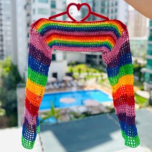 Handmade Y2K Rainbow Crochet Pride Shrug Bolero, Colorful LGBT Knit Top for Pride Month, Queer Gay Trans Festival Mesh Outfit Gift for Pride