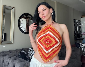 Crochet Granny Square Halter Top: Boho Festival Crop Top