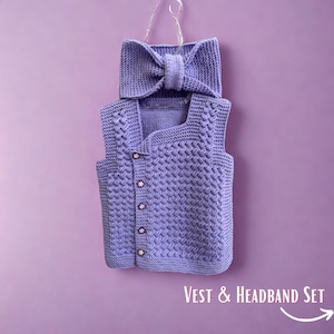Handmade Purple Baby Vest with Knitted Bow Headband |Soft Baby Girl Outfit |Newborn Gift Set |Baby Shower Present |Crochet Look Baby Clothes