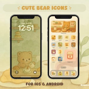 May include: Two phone screens displaying a set of cute bear icons for iOS and Android. The icons are in a light brown and yellow color scheme and feature a bear in various activities, such as drinking coffee, eating honey, and reading a book. The text "FOR IOS & ANDROID" is displayed at the bottom of the image.