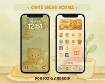 Süße Bär App Icons für iOS & Android - Pastell Handy-Icons + Hintergrundbilder | Kawaii Home Bildschirm Bündel