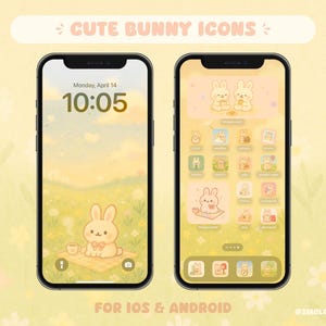 May include: A set of cute bunny icons for iOS and Android. The icons feature a variety of bunnies in different poses, including holding a cup of coffee, wearing a bow tie, and sitting on a picnic blanket. The icons are designed in a pastel colour palette and have a whimsical, cartoonish style.