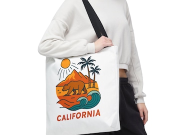 California Dreaming Tote Bag, 18x18 Beach, Bear, Mountains, Palm Tree, Golden State, Eco Travel, Beach Lover Gift, Summer Adventure Shopping