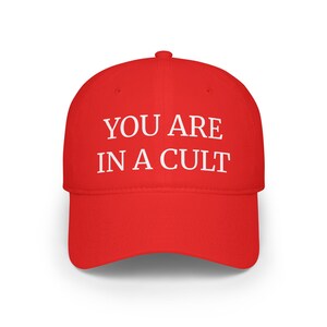 You Are in a Cult Hat, Red MAGA Parody Cap, Anti-MAGA Hat, Unisex Political Statement, Casual Hat, Gift for Friends, Unique Accessories