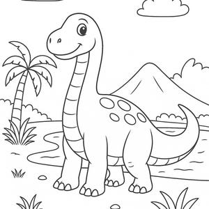 May include: A black and white line drawing of a friendly dinosaur with a long neck, standing in a grassy field. The dinosaur has spots on its back and is smiling. Palm trees, clouds, and a mountain are in the background.