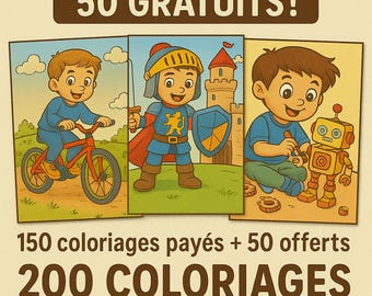 May include: An advertisement for a digital coloring book for boys, featuring three cartoon illustrations. One boy rides a bike, another is a knight, and the third plays with a robot. Text reads "150 Colourings for Boys, 50 Free!" and "200 Colourings for the Price of 150."