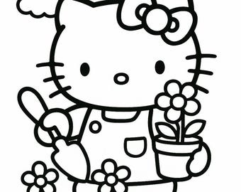 May include: Black and white line art illustration of Hello Kitty gardening. She wears overalls and a bow, holding a trowel and a potted flower. Additional flowers and a cloud are also present in the image.
