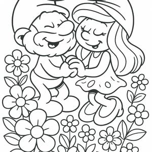 Könnte beinhalten: Schwarz-weiße Strichzeichnung von zwei Schlümpfen, die sich an den Händen halten, umgeben von Blumen. Die Schlümpfe lächeln, und das Bild hat einen skurrilen, cartoonartigen Stil, ideal zum Ausmalen oder für ein Bastelprojekt für Kinder.