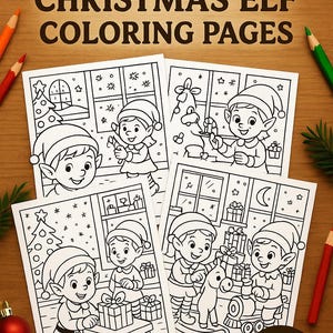 Peut inclure: Un ensemble de 125 pages de coloriage de Noël avec des illustrations d'elfes, de cadeaux et de sapins de Noël. Les pages sont entourées de crayons de couleur et de décorations de Noël sur une surface en bois. Les mots "Christmas Edition" sont également visibles.