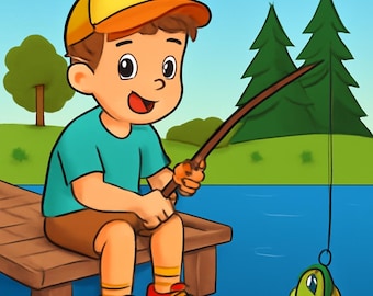 Può includere: Illustrazione di un bambino che pesca. Il bambino indossa un berretto giallo e arancione, una maglietta verde acqua, pantaloncini marroni, scarpe rosse e calzini gialli. Un pesce giallo è all'amo. Lo sfondo comprende un cielo blu, un sole giallo, una nuvola bianca, alberi e acqua.
