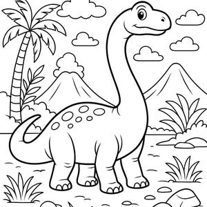 May include: A black and white line drawing of a friendly Brontosaurus dinosaur with a long neck, standing in a prehistoric landscape. The scene includes clouds, palm trees, mountains, and vegetation.