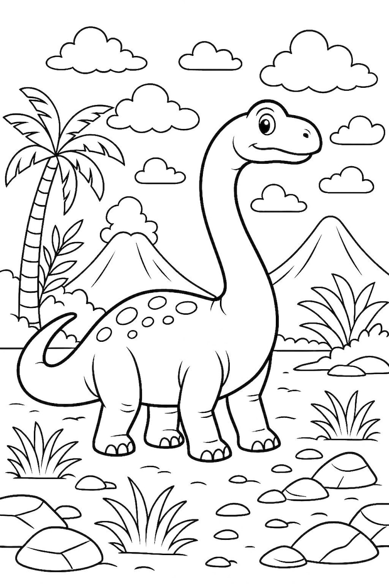 May include: A black and white line drawing of a friendly Brontosaurus dinosaur with a long neck, standing in a prehistoric landscape. The scene includes clouds, palm trees, mountains, and vegetation.