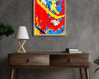 Modern abstract poster to print Vibrant painting in bright colors red yellow blue Contemporary wall art digital poster