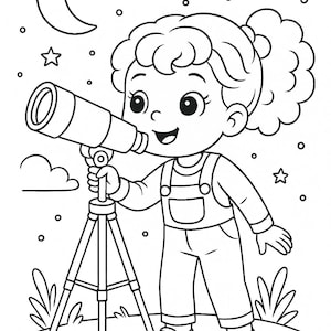 Peut inclure: Illustration en noir et blanc d'un enfant regardant à travers un télescope. L'enfant porte une salopette et est entouré d'étoiles, d'un croissant de lune et d'herbe. Le télescope est monté sur un trépied.