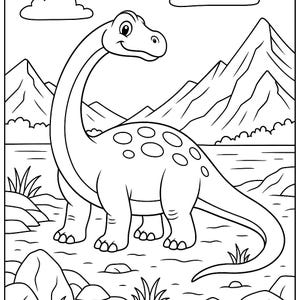 May include: A black and white line drawing of a friendly Brachiosaurus dinosaur with a long neck, standing in a landscape with mountains, water, and clouds. The dinosaur has spots on its back and is smiling.