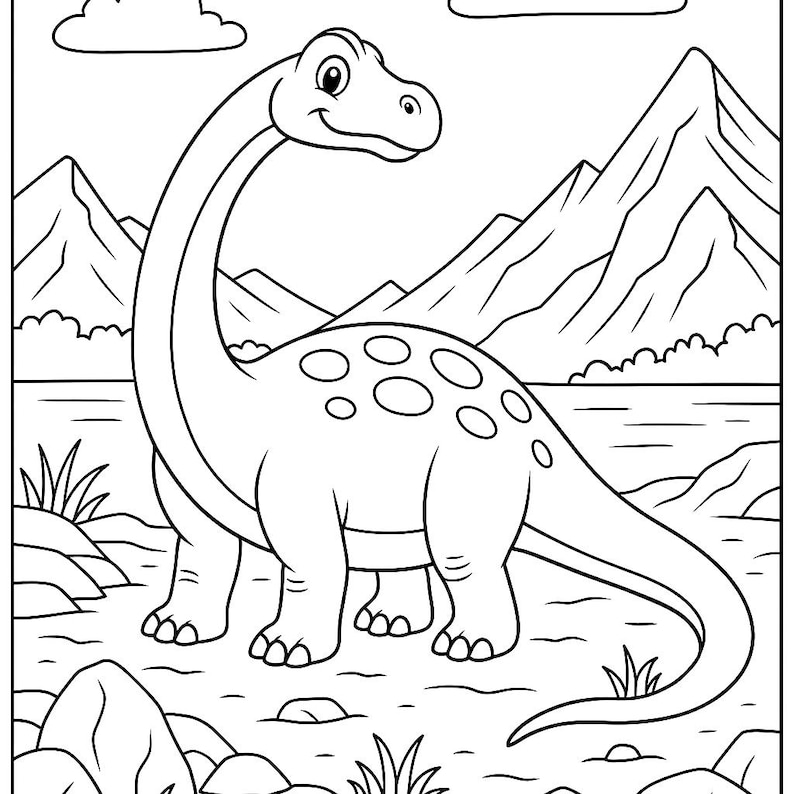May include: A black and white line drawing of a friendly Brachiosaurus dinosaur with a long neck, standing in a landscape with mountains, water, and clouds. The dinosaur has spots on its back and is smiling.