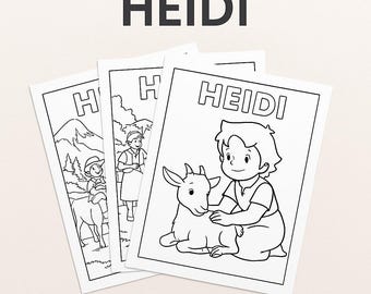 May include: A set of 50 Heidi coloring pages. The pages feature black and white illustrations of Heidi and her friends. The text "Lot de 50 Coloriages HEIDI" and "Format A4 à imprimer" are displayed.