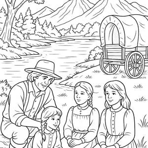Peut inclure: Dessin au trait en noir et blanc d'une famille en vêtements de pionniers. Un homme avec un chapeau et des bretelles est agenouillé avec trois filles en longues robes. Une caravane couverte et des montagnes sont en arrière-plan.