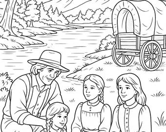 May include: Black and white line drawing of a family in pioneer clothing. A man in a hat and suspenders kneels with three girls in long dresses. A covered wagon and mountains are in the background.