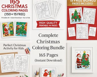 May include: A collection of Christmas-themed coloring pages, including 165 pages, with the text "165 CHRISTMAS COLORING PAGES" and "Perfect Christmas Activity for Kids". The image includes examples of colored and uncolored pages.