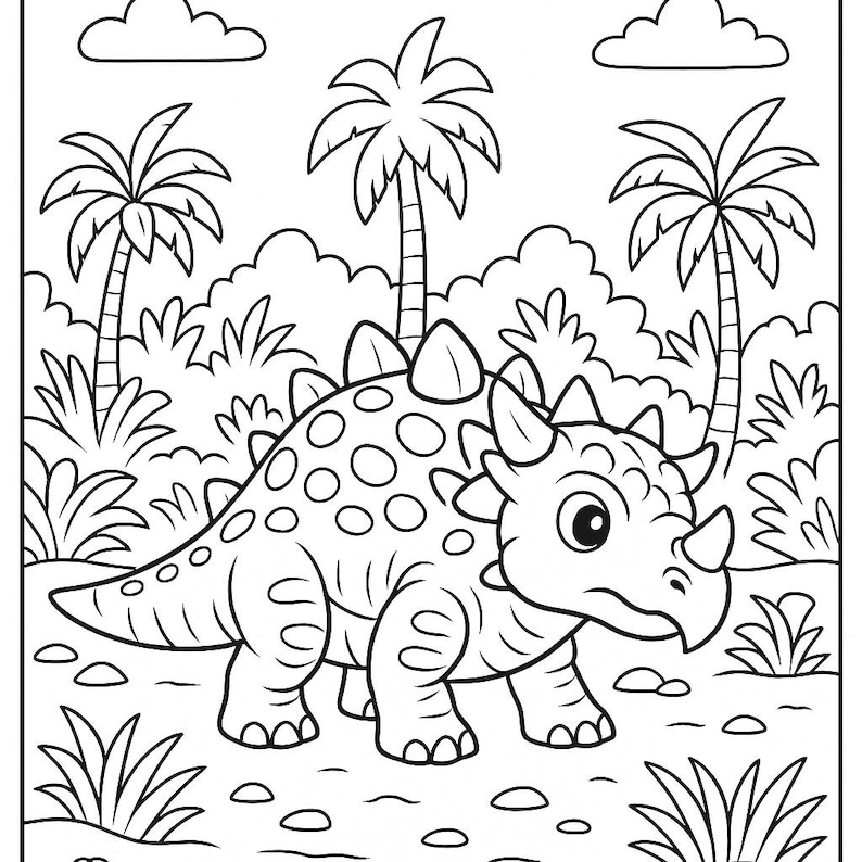 May include: Black and white line art illustration of a dinosaur in a prehistoric setting. The dinosaur has a spiky back and a friendly face. Palm trees and bushes surround the dinosaur, with two clouds in the sky.