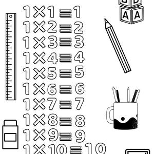 Peut inclure: Illustration éducative en noir et blanc avec la table de multiplication de 1, des équations, une règle, des crayons, une calculatrice et des blocs de l'alphabet. Le texte "TABLE DE 1" est en haut.