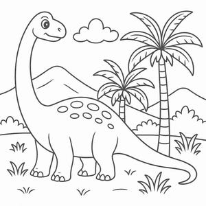 May include: A black and white line drawing of a Brontosaurus dinosaur with a long neck, standing in a grassy field. Palm trees, a cloud, and mountains are in the background. The dinosaur has oval spots on its back.