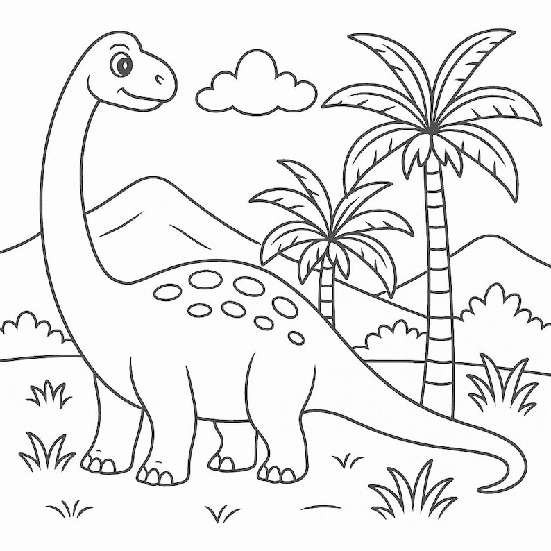 May include: A black and white line drawing of a Brontosaurus dinosaur with a long neck, standing in a grassy field. Palm trees, a cloud, and mountains are in the background. The dinosaur has oval spots on its back.