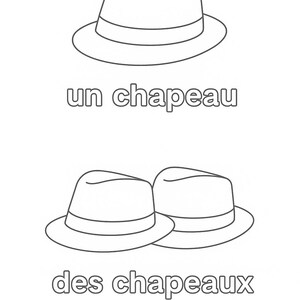 May include: Line drawing of a fedora hat with the text "un chapeau" below it. Below, a second drawing shows two fedora hats with the text "des chapeaux". The image is in black and white.