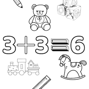 Peut inclure: Dessin au trait noir et blanc de jouets éducatifs et de symboles mathématiques. Comprend un crayon, un ours en peluche, des blocs de construction, un train, un cheval à bascule, une règle et l'équation 3 + 3 = 6.