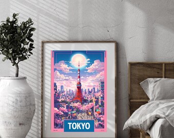 Tokyo Tower Digital Art Print – Retro Anime Sakura Skyline, Japan Cityscape Wall Decor, Cherry Blossom Poster Aesthetic, A4 to A1 Sizes