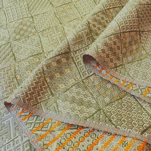 Vintage Japanese woven fabric – soft sage green with traditional komon-style geometric patchwork | elegant textile for quilting & craft