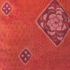 Vintage Japanese tsumugi fabric 、a blend of tsumugi silk yarn and linen、bold orange with pink floral medallions | patchwork and slow