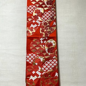 Vintage Silk Obi Fabric, Japanese Kimono Belt Textile, Red Orange Floral Sakura Peony Pine Wave Pattern, Cut by the Yard, Craft Fabric for B