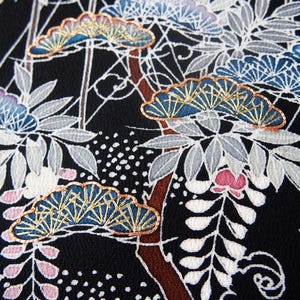 Vintage Japanese Tomesode Kimono Fabric, Black Silk with Yuzen Garden & Flowing Water – For Quilting, Craft