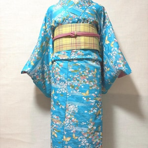 Vintage Light Blue Floral Kimono, Polyester, Butterfly & Cherry Blossom Pattern, Washable