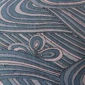以下が含まれることがあります： 青とグレーの色合いの抽象的なテキスタイルパターン。デザインは、波のような効果を生み出す曲線と直線で構成されています。生地は、様式化された形状の繰り返しパターンで、テクスチャ加工された外観をしています。