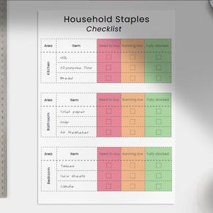 Könnte beinhalten: Eine druckbare Checkliste für Haushaltsgrundnahrungsmittel mit drei Abschnitten: Küche, Badezimmer und Schlafzimmer. Jeder Abschnitt enthält eine Liste von Artikeln mit Kontrollkästchen, um zu markieren, ob der Artikel gekauft werden muss, knapp wird oder vollständig auf Lager ist.