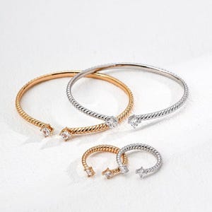 Gold and Silver Twisted Cuff Bracelet & Ring Set – Adjustable Open Bangle with Stones, Minimalist Jewelry Gift for Her, Dainty Stackable Set