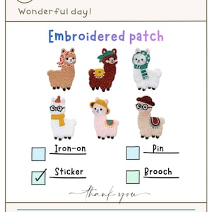 Puede incluir: Parche bordado con seis diseños de llamas con varios accesorios. La imagen incluye el texto "Wonderful day!" y opciones para "Iron-on", "Sticker", "Pin" y "Brooch". También se lee "thank you".