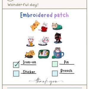 Puede incluir: Imagen de varios parches bordados de gatos. Los parches presentan gatos en una taza de té, sobre un cojín y con una bufanda roja. El texto "Embroidered patch" está en la parte superior.