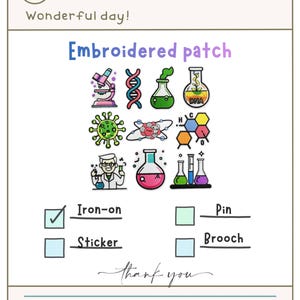 Parches bordados de laboratorio de química - Versión con estampado químico 01 - para decoración, regalo de cumpleaños, adornos, prendas de vestir o accesorios.