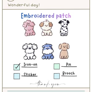 Puede incluir: Imagen con seis parches bordados de perros en varios colores y diseños. Los parches tienen forma de diferentes razas de perros. El texto "Embroidered patch" está en la parte superior. Se enumeran las opciones de planchar, pegatina, alfiler y broche.