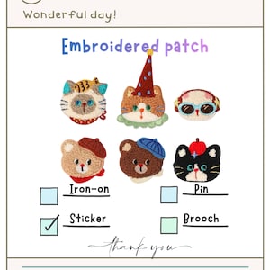 Puede incluir: Imagen con seis parches bordados con caras de animales, incluyendo gatos y osos. Los parches presentan diversos colores y diseños, como un gato con un gorro de fiesta. El texto "Embroidered patch" está en la parte superior. También está el texto "Sticker" con una marca de verificación.